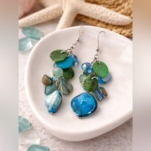 Colorful Teal Abalone & Sea Glass Dangle Earrings | Ocean-Inspired Statement